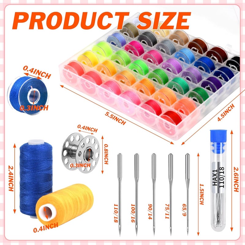 Bymore 125 Pcs Sewing Thread Kit, 36 Assorted Colors Machine Threads with Spools, 400 Yards Prewound Bobbins Set with 50 Machine Needles (70/9, 75/11, 90/14, 100/16 110/18) for Universal Sewing Machines Use - Image 2
